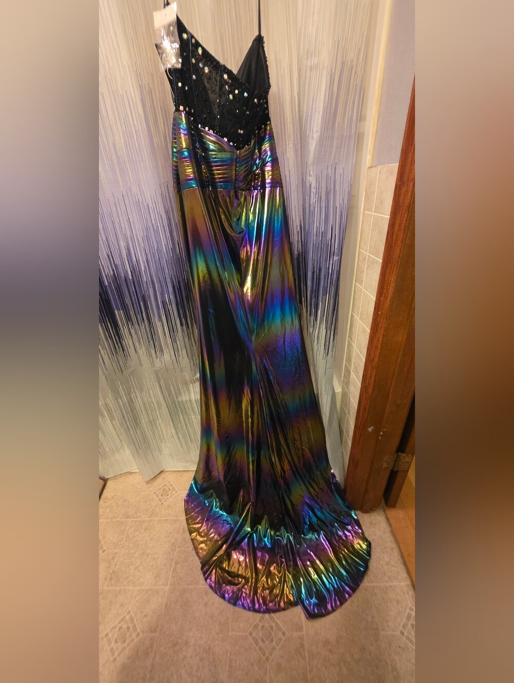 Jovani Iridescent Strapless Evening Gown in Green Blue Purple - Picture 5 of 10